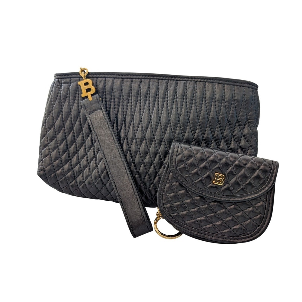 Bally Black Quilted Leather Wristlet Clutch Mini Coin Pouch 2Pc Italy